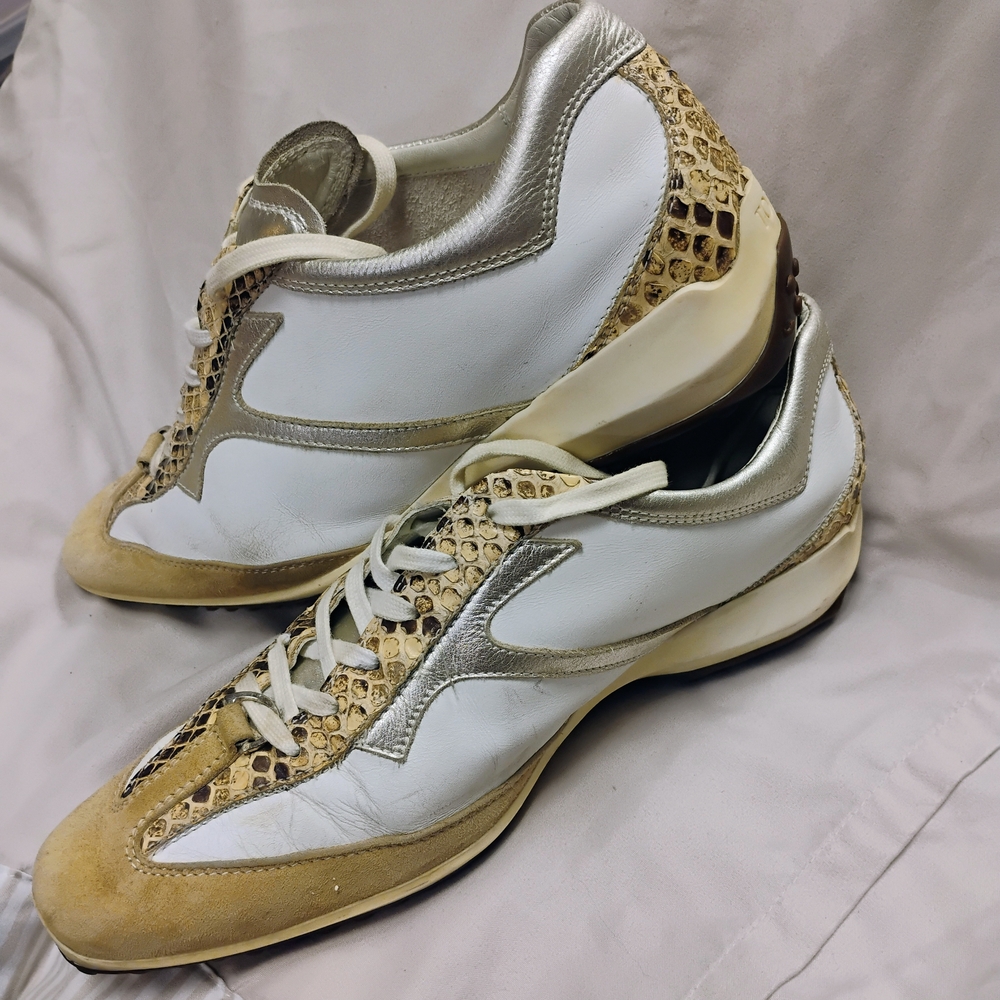 White and Gold Sneakers with Snakeskin Detail